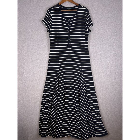 Lauren Ralph Lauren Maxi Dress Womens XL Black White Striped Short Sleeve A-Line - Picture 1 of 9